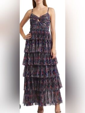 NEW Hutch Rosey Floral Tiered Navy Multi Tropical Garden Gown Sz 12